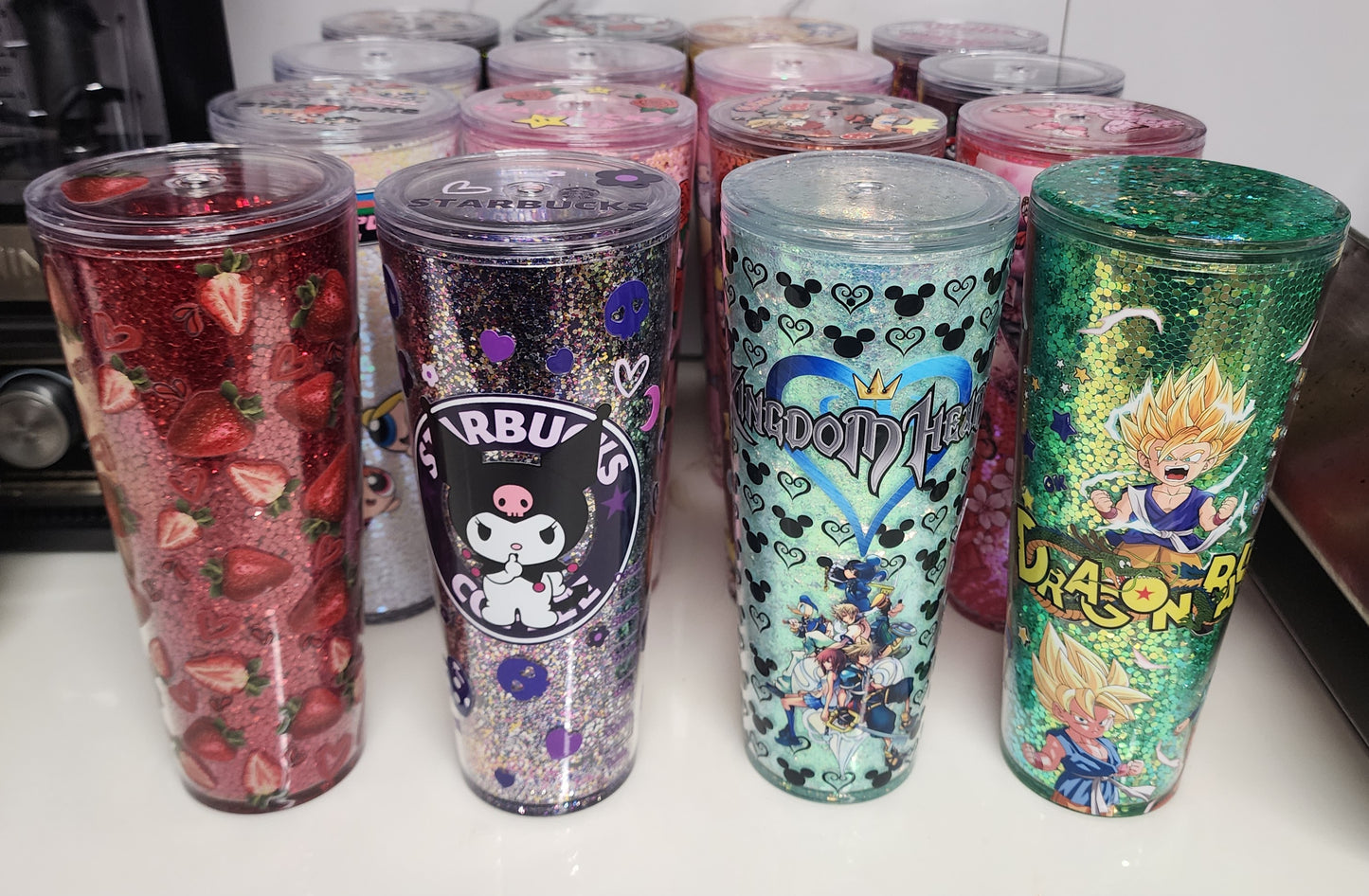 Special order tumblers feature double walls and fancy lids.