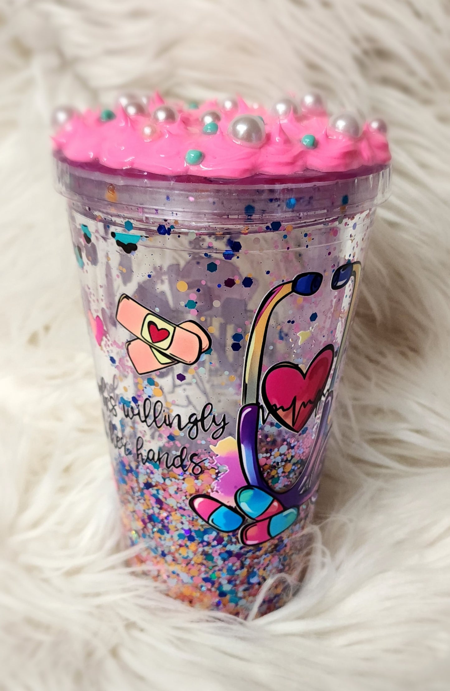 Special order tumblers feature double walls and fancy lids.