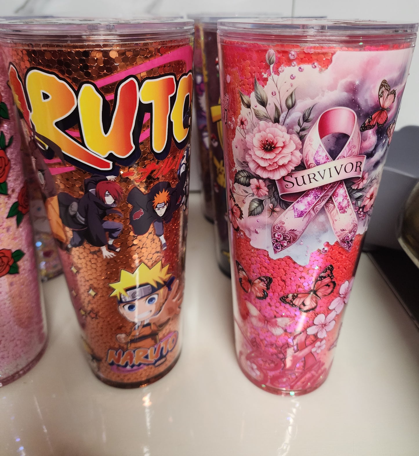 Special order tumblers feature double walls and fancy lids.